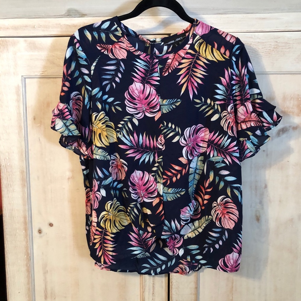 🌴 Hanna+Grace 🌴 Navy/Tropical Leaf Print Top